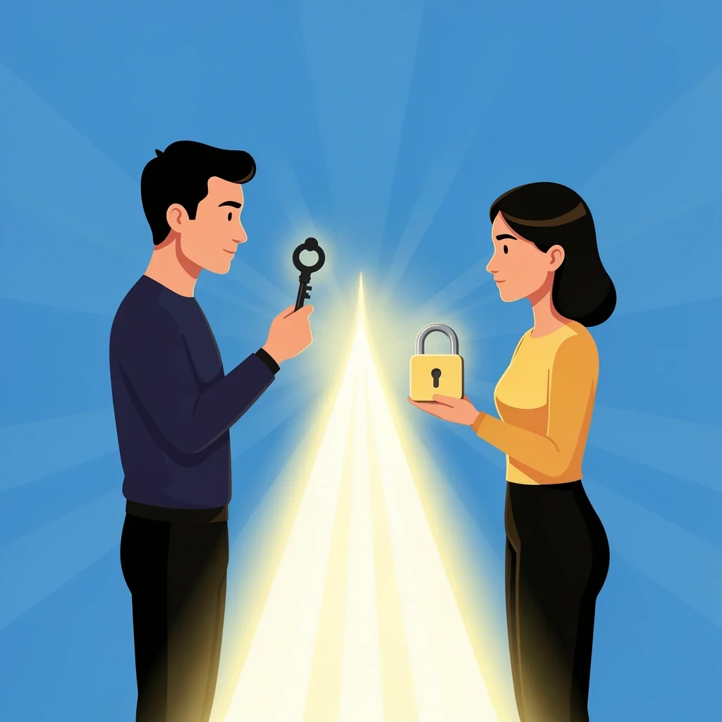 Unlocking Unspoken Rules in Marriage Couple holding key and lock with glowing path between them symbolizing unlocking communication