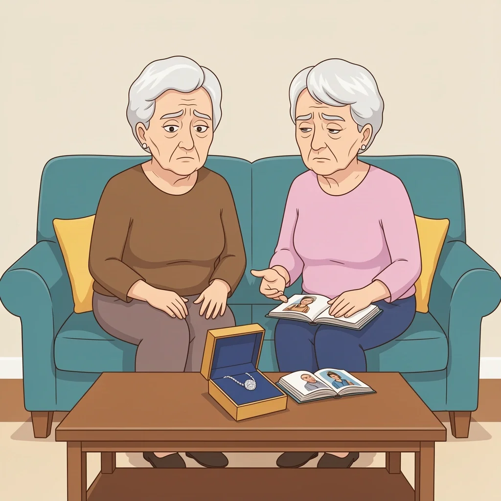 Traditional Diamond Gift Mismatch Elderly couple ignoring a diamond necklace and looking at a photo album instead