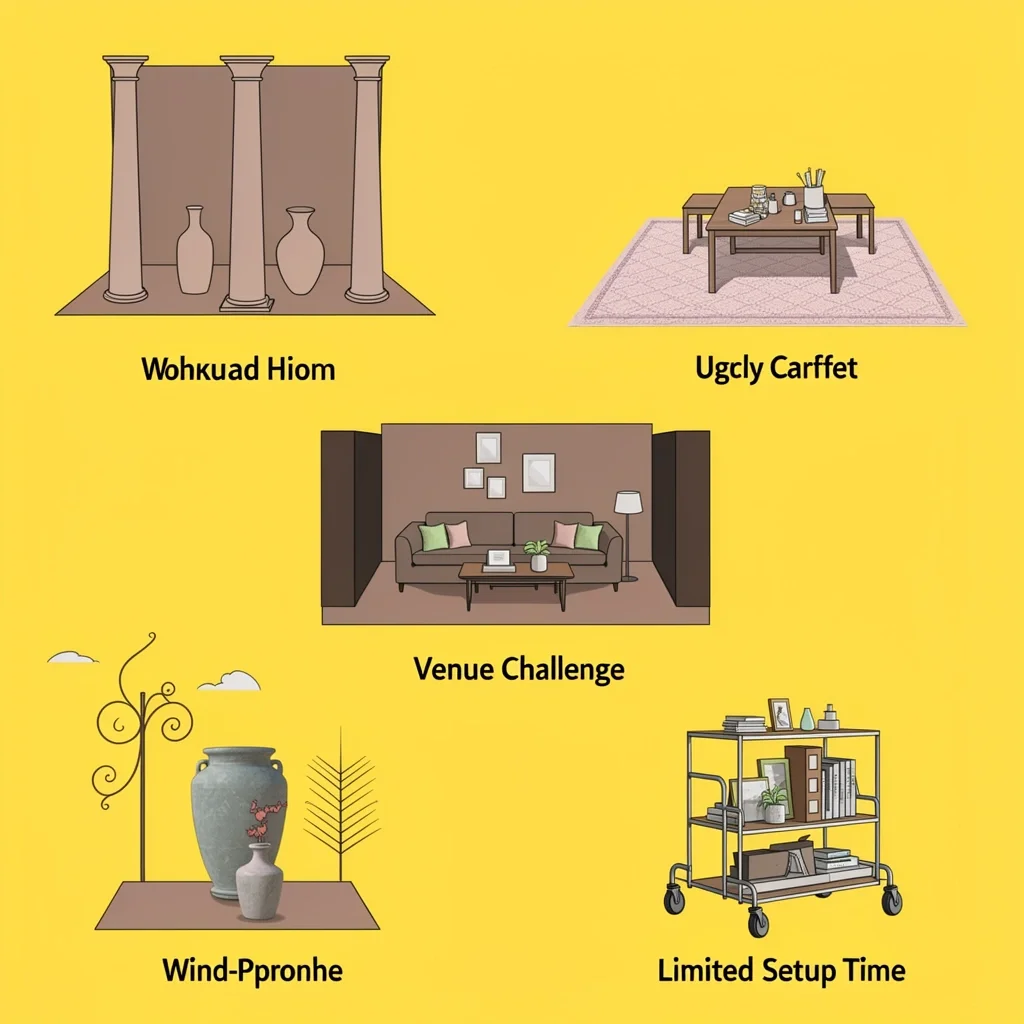 Venue Challenges Decoration Solutions Grid Grid of five venue challenges: column with vases, carpet with rug, odd room with lounge, wind with heavy vase, limited time with rolling cart.