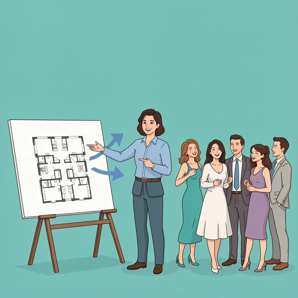 Venue and Guest List Assessment for Menu Planning Wedding planner pointing from venue blueprint to happy diverse guests, showing how to match menu to venue and guest demographics