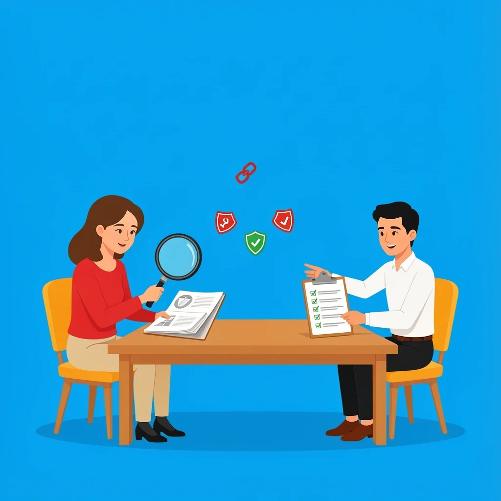 How to Vet a Wedding Planner 2D illustration of a couple vetting a wedding planner with portfolio and checklist