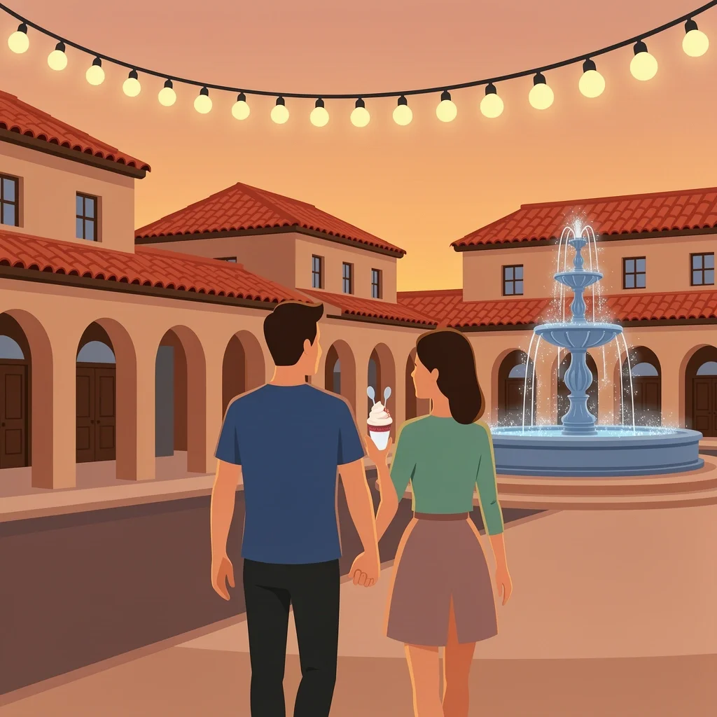 Couple walking along Country Club Plaza at dusk with gelato and fountain backdrop
