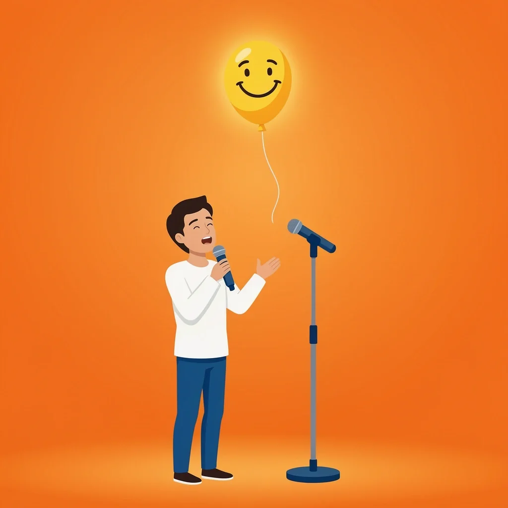Warm-Up Act Balloon Release Speaker at mic releasing a smiling balloon representing a warm-up joke to release tension