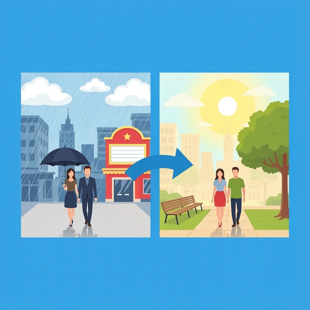 Atlanta Date Night Weather Contingency Options Split scene of couple choosing between rainy indoor date and sunny outdoor date with a pivot arrow