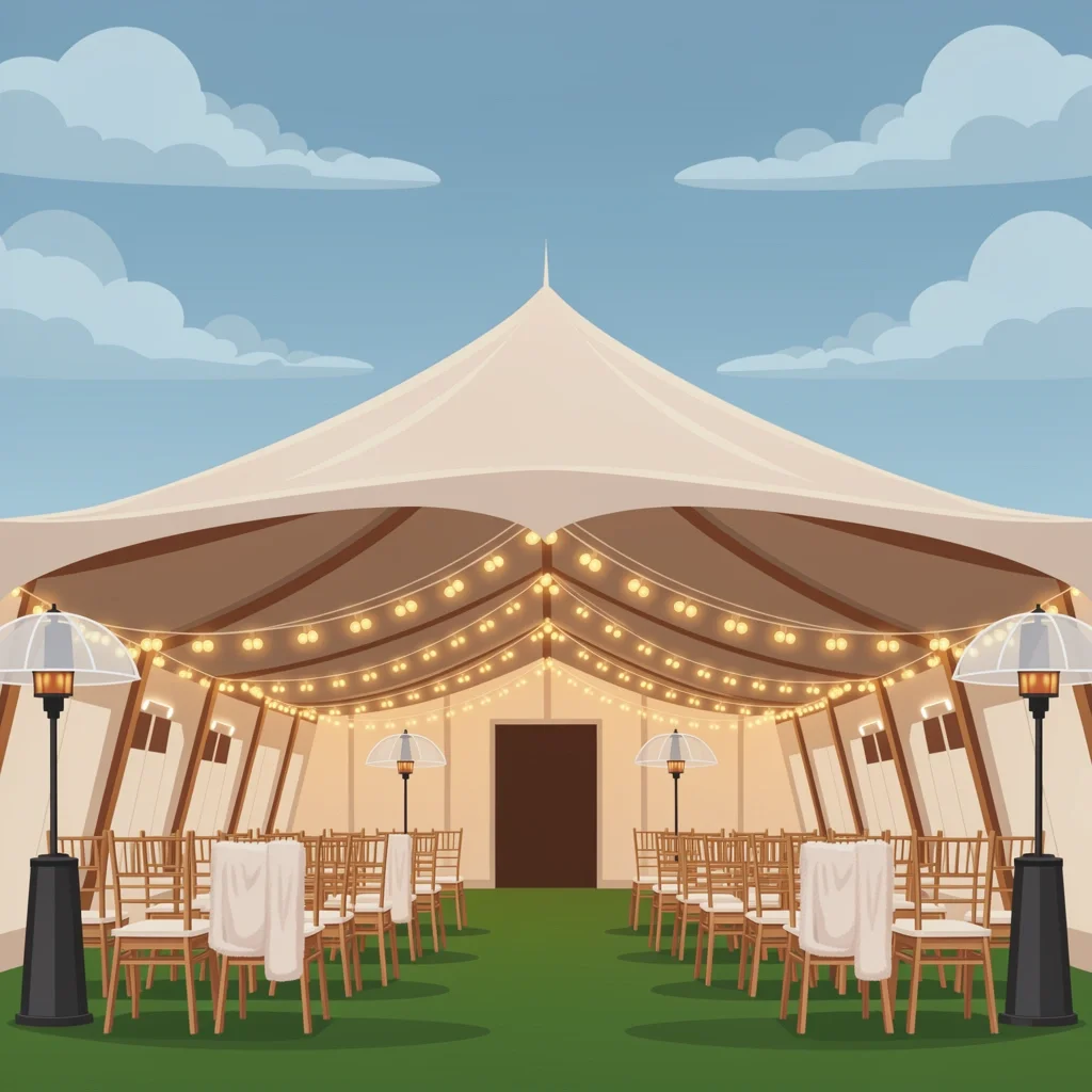 Weather-Proof Fall Wedding Setup Weather-proof fall wedding setup with tent, heaters, blankets, and umbrellas