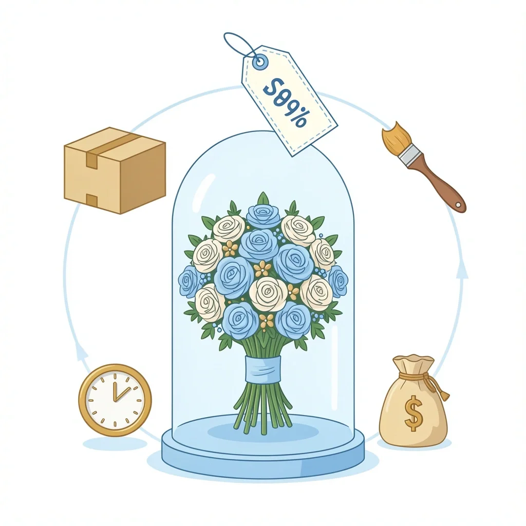 Preservation Budget and Hidden Fees Wedding bouquet preservation costs with hidden fees represented by icons