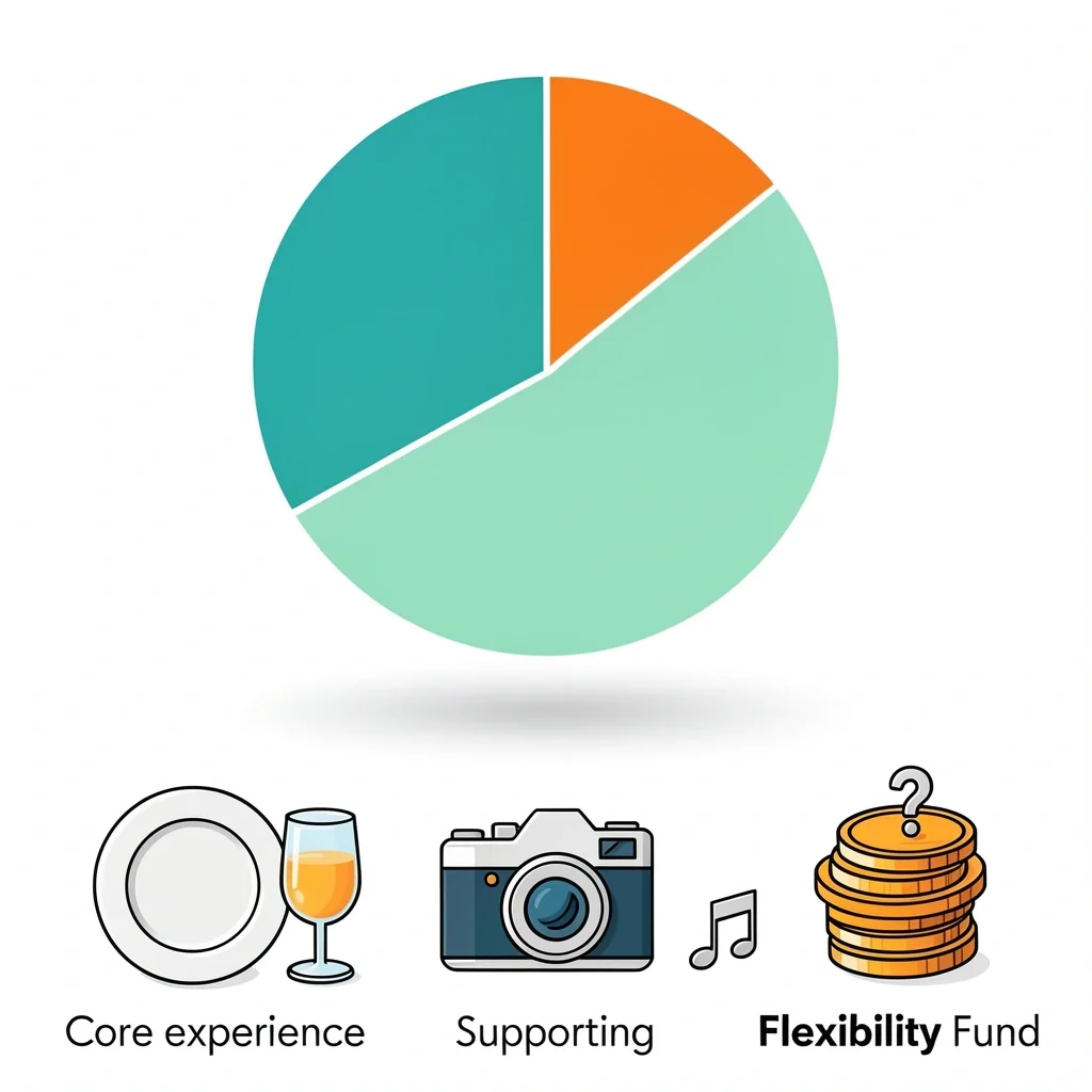 Wedding Budget Allocation Framework Pie chart with three segments for core experience, supporting elements, and flexibility fund.