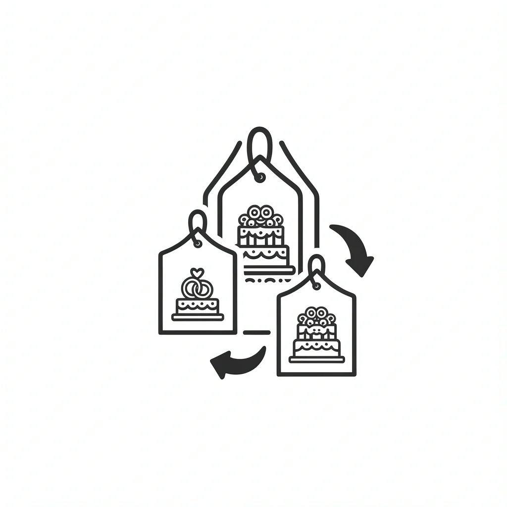 Three Wedding Budget Tiers Illustration Three price tags with wedding symbols representing different budget tiers for Atlanta venues