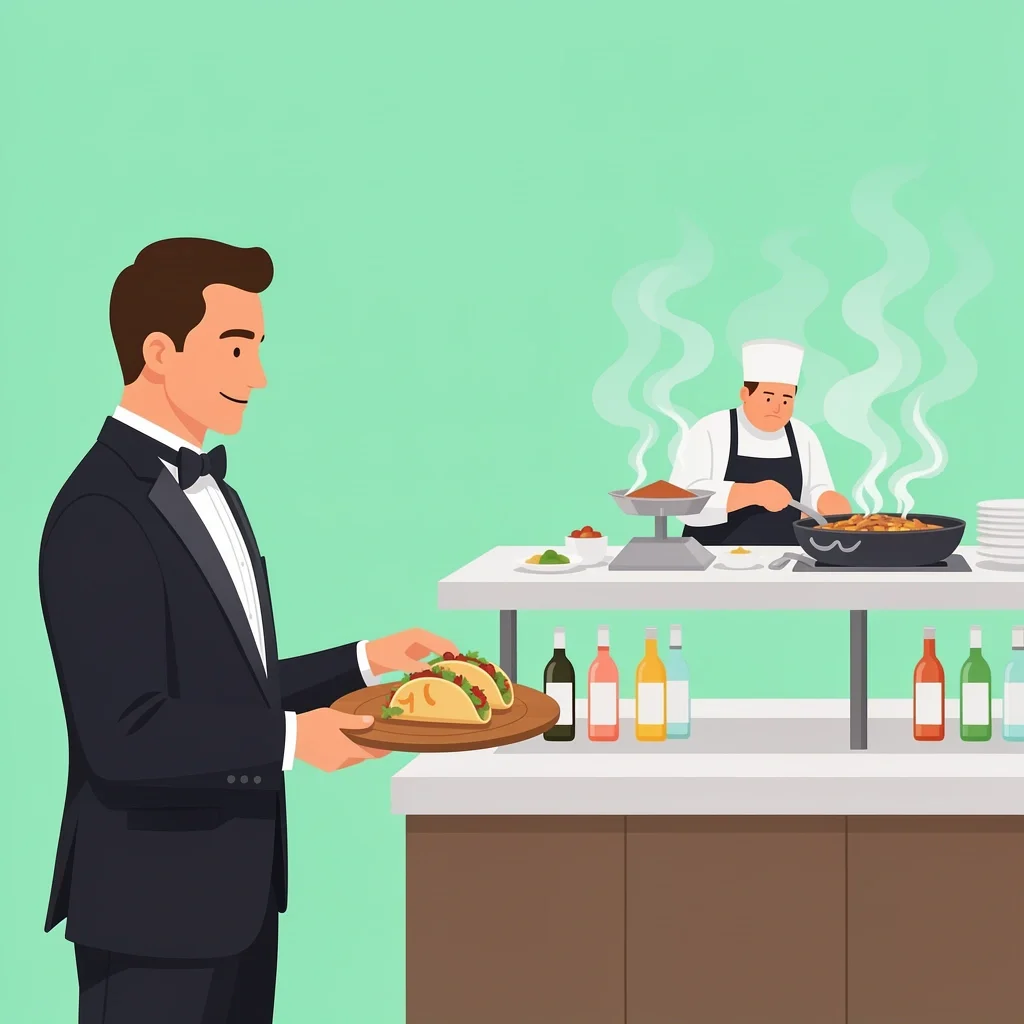Buffet with Live Station Wedding Guest filling a plate at a wedding buffet with a live action grill station in the background, showing strategic service style.