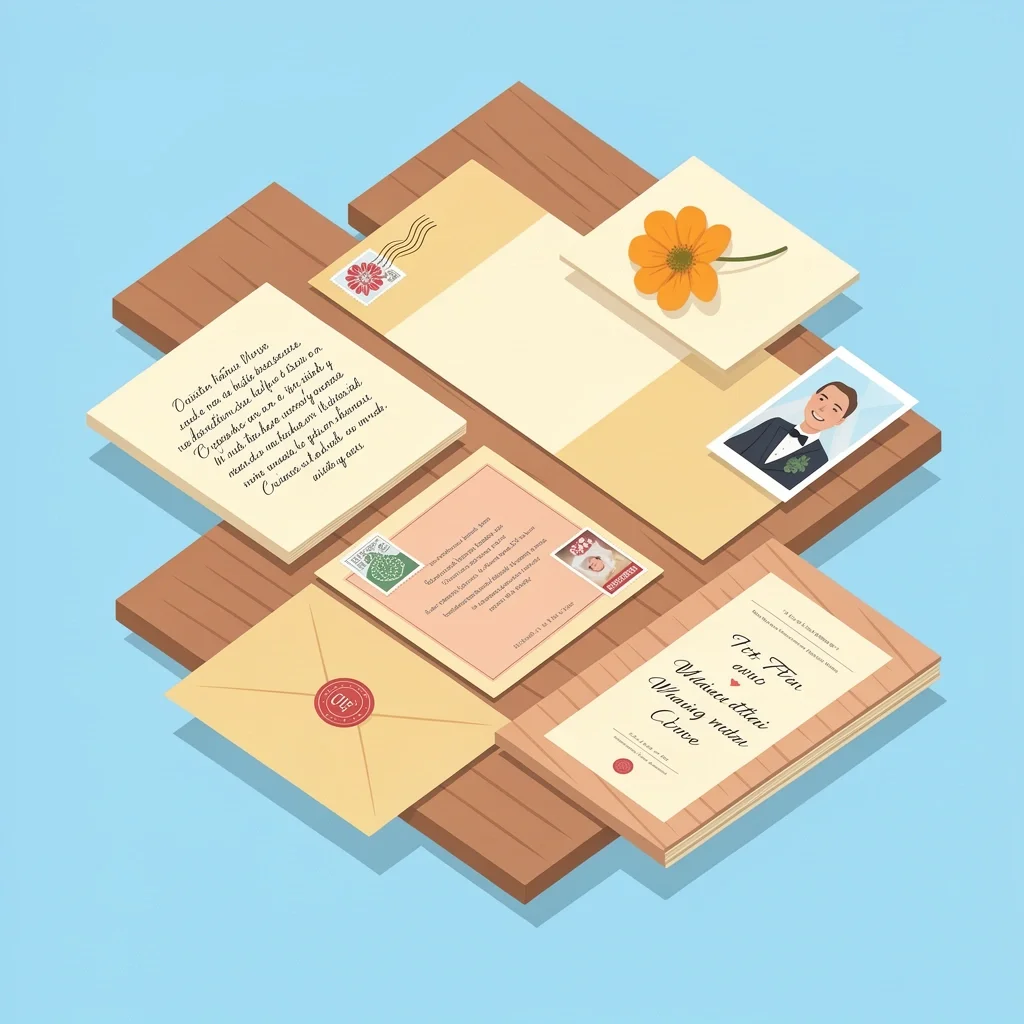 What is in a Wedding Card Pile Assorted wedding card pile contents including card, envelope, pressed flower, gift card, invitation, and photo