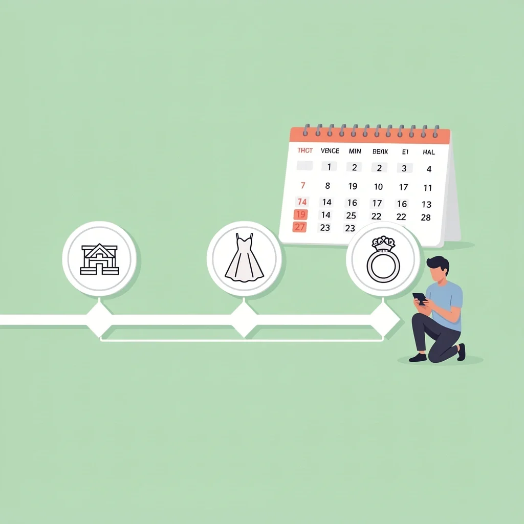 Wedding party communication timeline phases Timeline with three milestones and a calendar for wedding party communication cadence