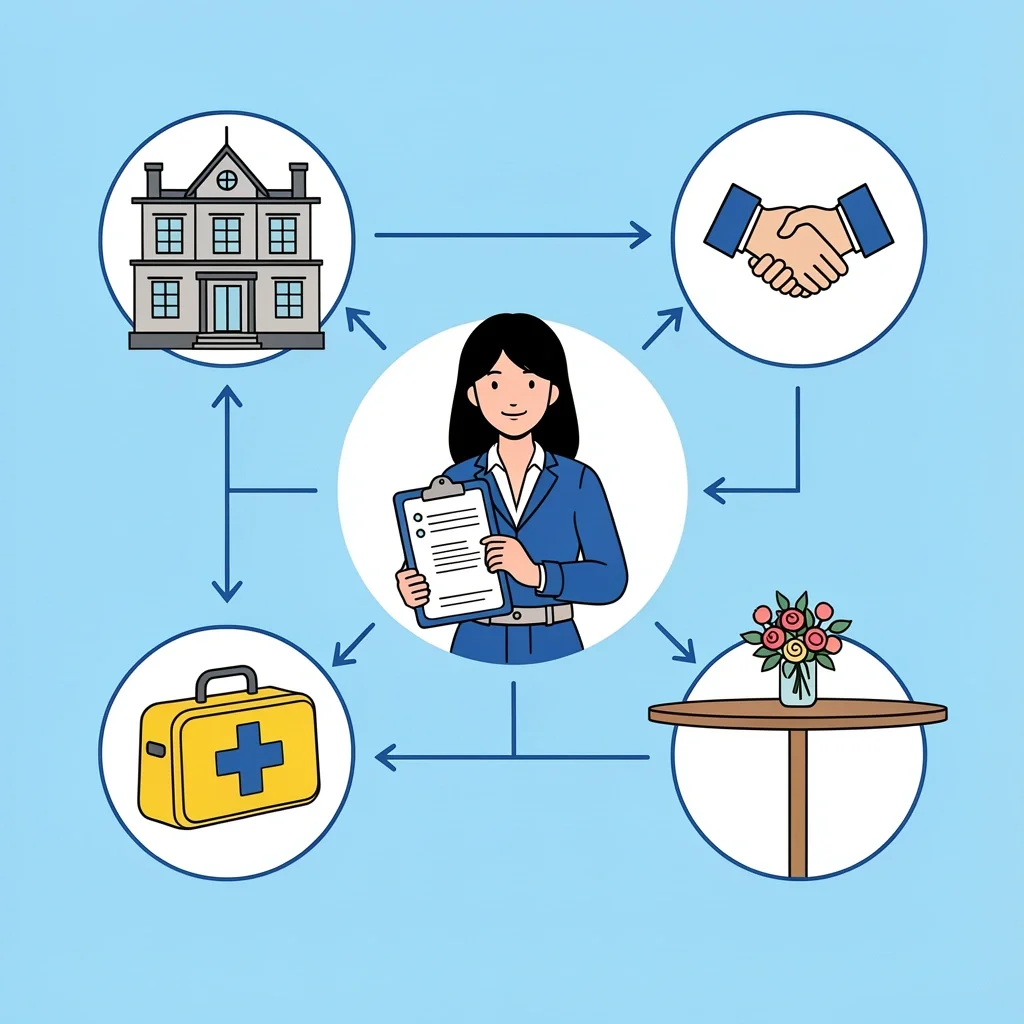Illustration of a wedding coordinator with a clipboard and timeline, connected by arrows to icons representing venue walkthrough, vendor liaison, emergency kit, and setup, showing the service breakdown.