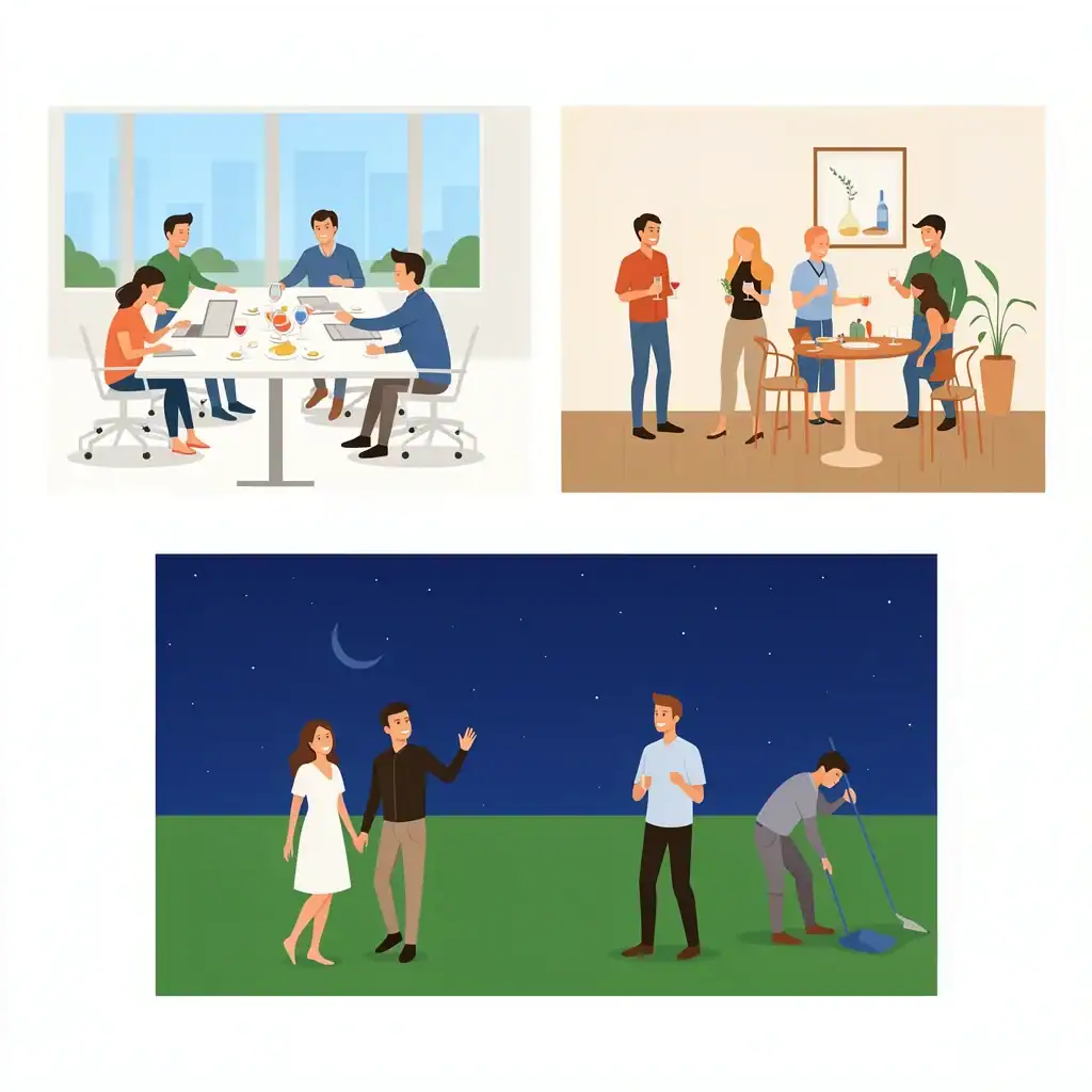 Wedding Day Timeline Orchestration Timeline illustration showing morning setup team, cocktail hour transition, and evening send-off with cleanup crew