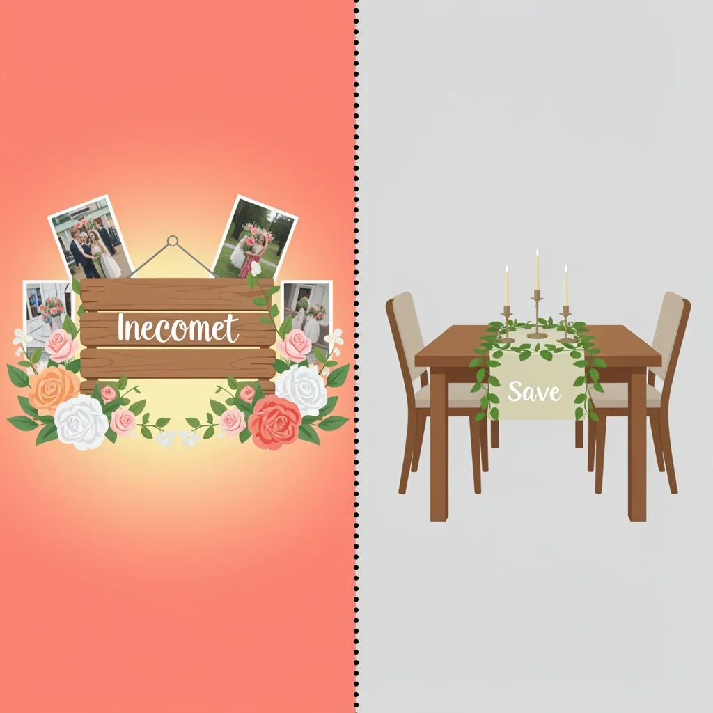 Wedding Decor Budget Invest vs Save Zones Split composition comparing high-investment wedding decor zone (entry) with save zone (simple table centerpieces).