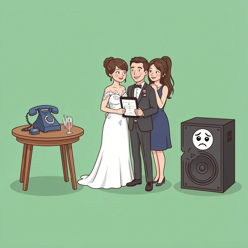 Wedding DIY Music Failures Three common wedding DIY music disasters: phone ringing, guest changing playlist, broken speaker