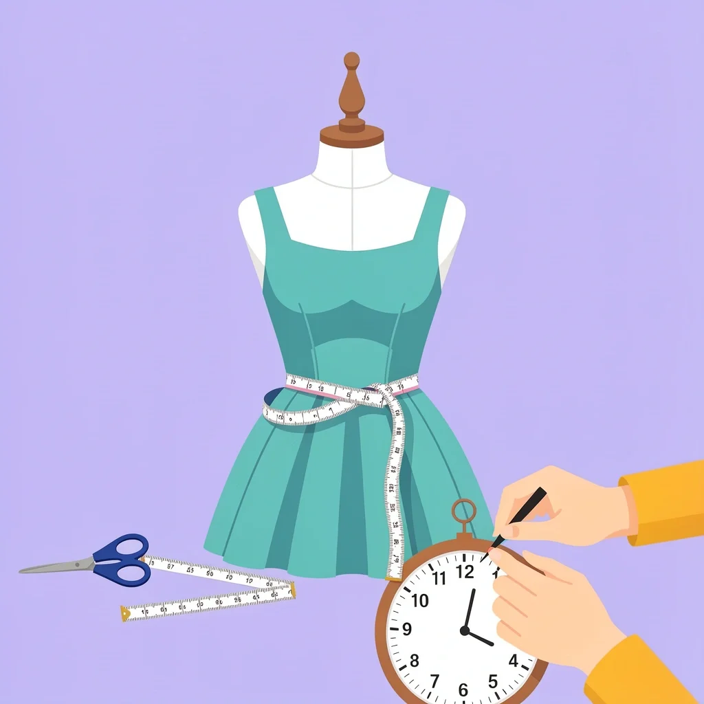 Wedding Dress Alterations Process 2D illustration of wedding dress alterations with mannequin, measuring tape, scissors, and clock representing time needed for fitting