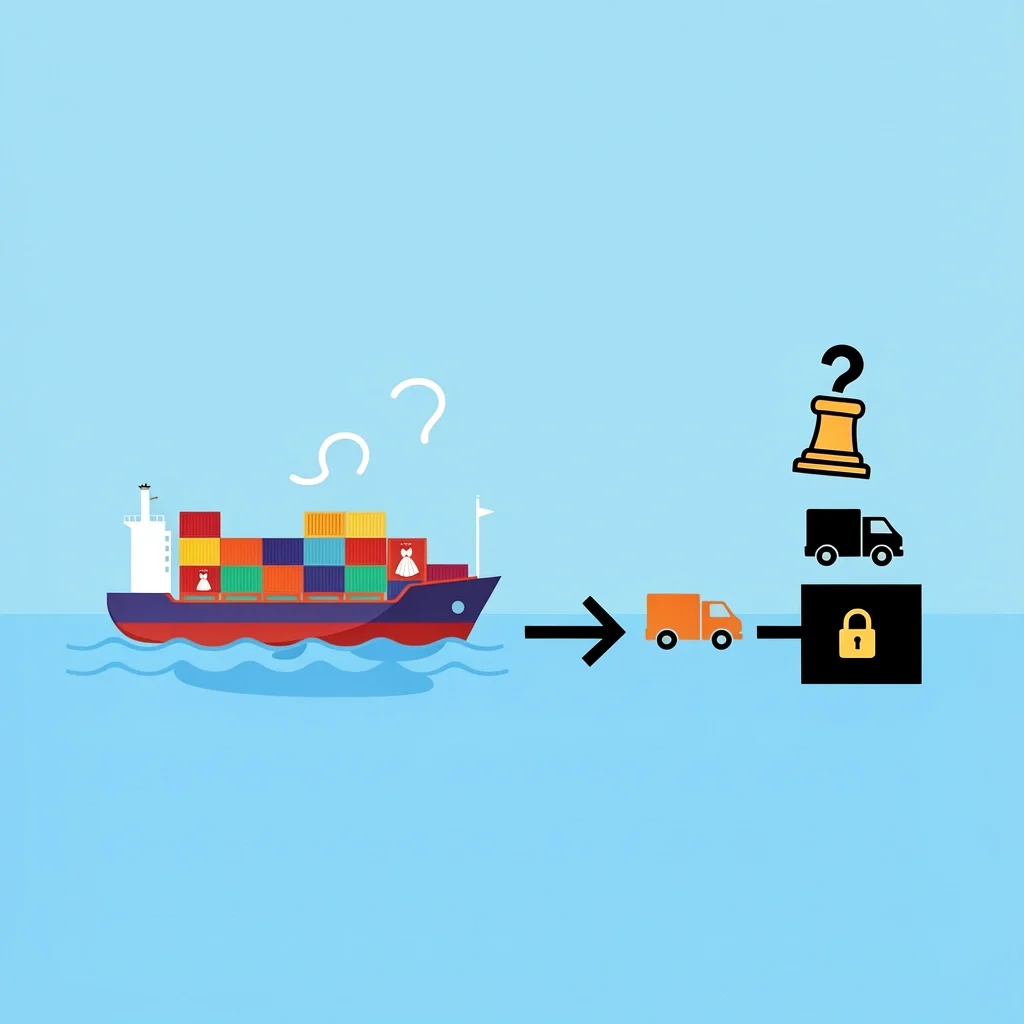 Wedding Dress Shipping and Customs Vector illustration of wedding dress shipping journey with cargo ship, customs stamp, question mark, and truck path on blue background