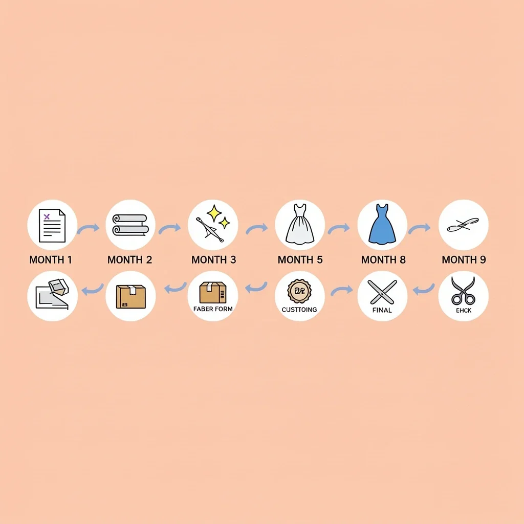 Wedding Dress Month-by-Month Timeline Vector timeline illustration of eight months of wedding dress production and delivery with icons for each stage and growing dress silhouette