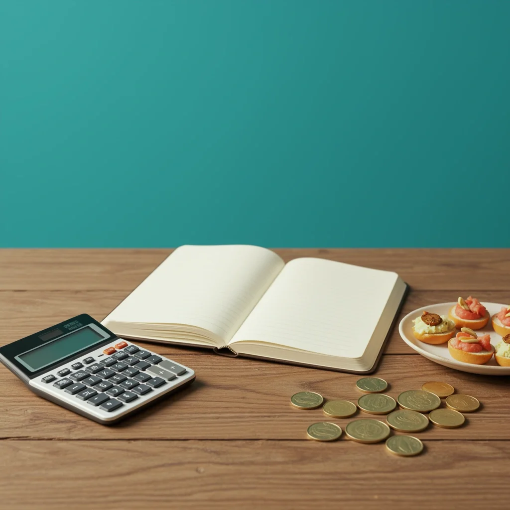Wedding Food Budget Calculator Notebook and calculator for wedding food budget planning, with coins and a plate of appetizers.