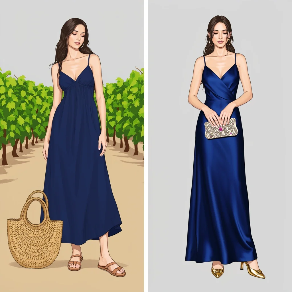 Navy Dress Formality Guide Illustration comparing accessorizing a navy linen dress for a vineyard wedding vs a navy satin gown for a ballroom.
