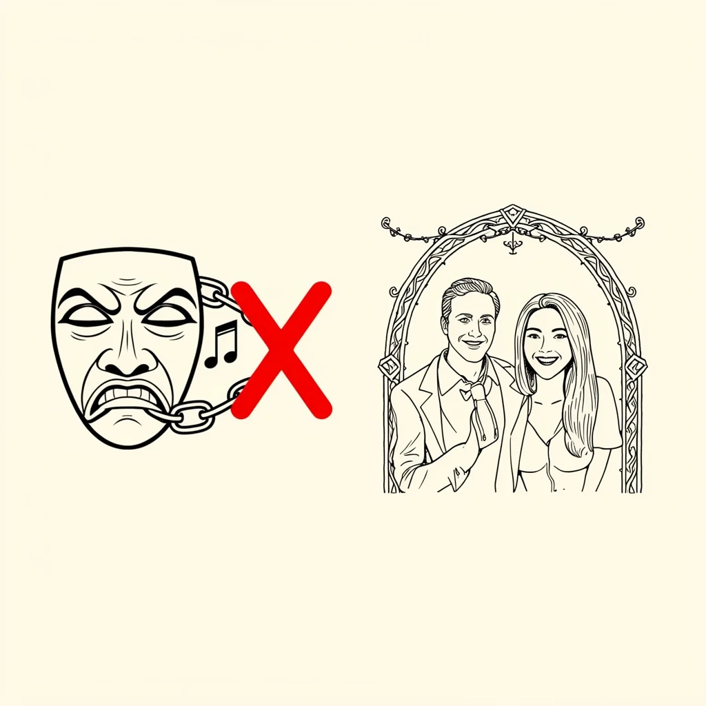 Debunking Wedding Music Myths A split illustration showing a theatrical tragedy mask on one side and a happy couple on the other, with an X through a link, debunking wedding music myths.