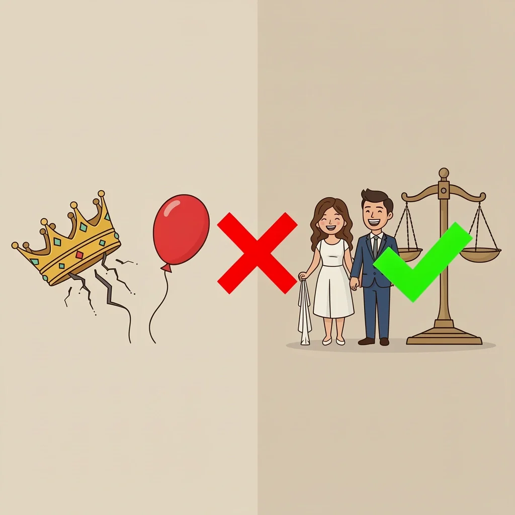 Wedding Myths vs Reality Two columns comparing wedding myths with broken symbols and reality with balanced symbols.