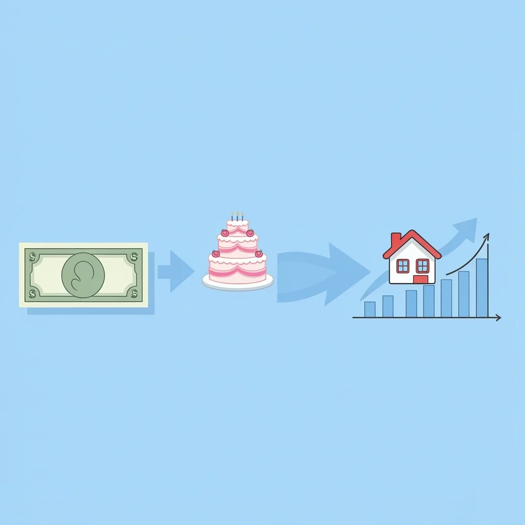 Wedding Opportunity Cost A dollar bill splitting into two paths, one toward a wedding and one toward a house and retirement.