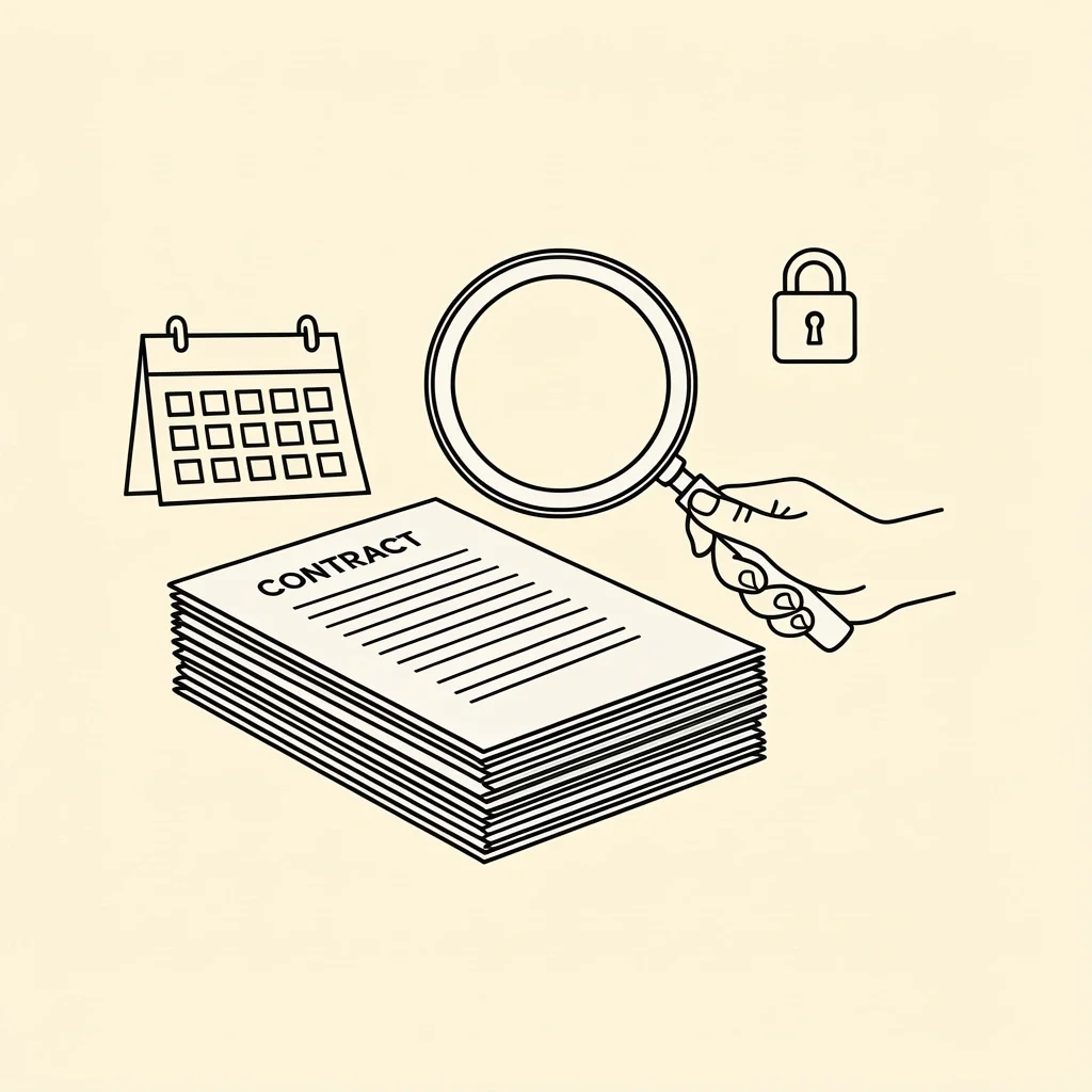 Hand holding magnifying glass over contract with calendar and lock icons