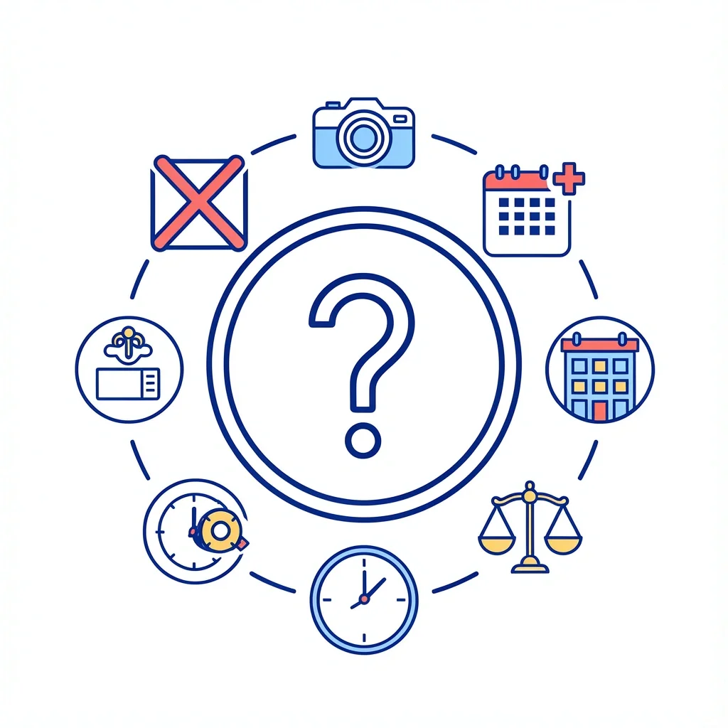 FAQ icon surrounded by symbols for unedited photos, gallery extension, business closure, proofs, and legal requirements