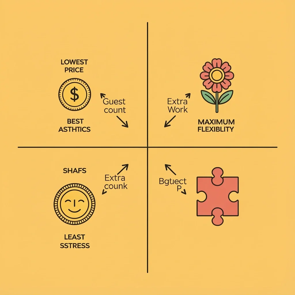 Wedding Venue Trade-Off Matrix Four quadrant grid with priority and trade-off icons for choosing a wedding venue