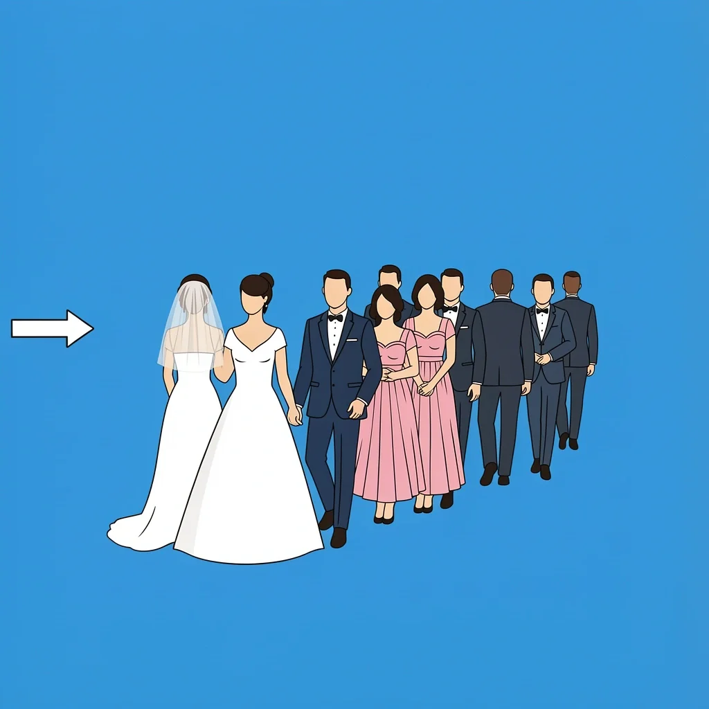 Wedding Recessional Order Newly married couple leading wedding party back up aisle in reverse order with arrow direction