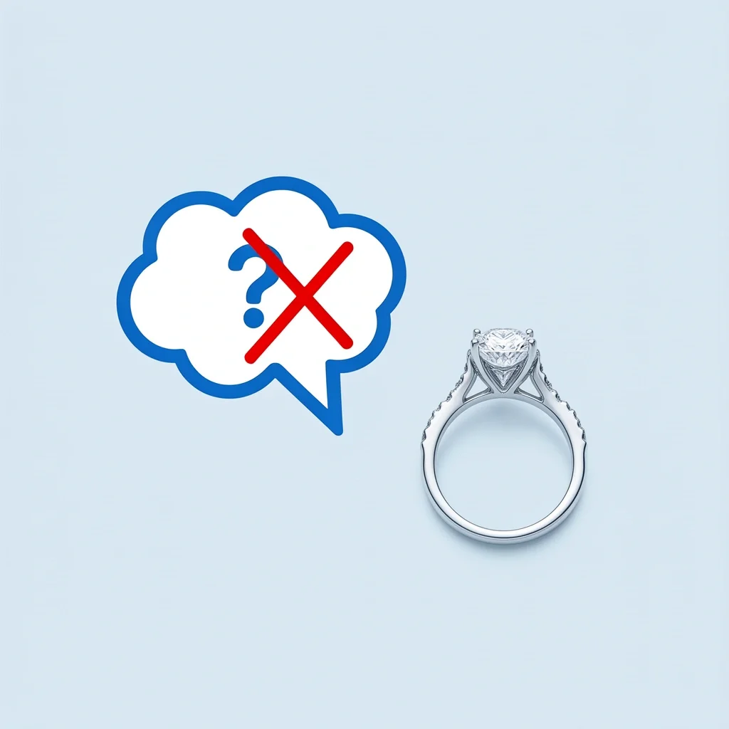 Ring Care Myths Debunked Myth symbol crossed out next to diamond ring representing debunked care myths.
