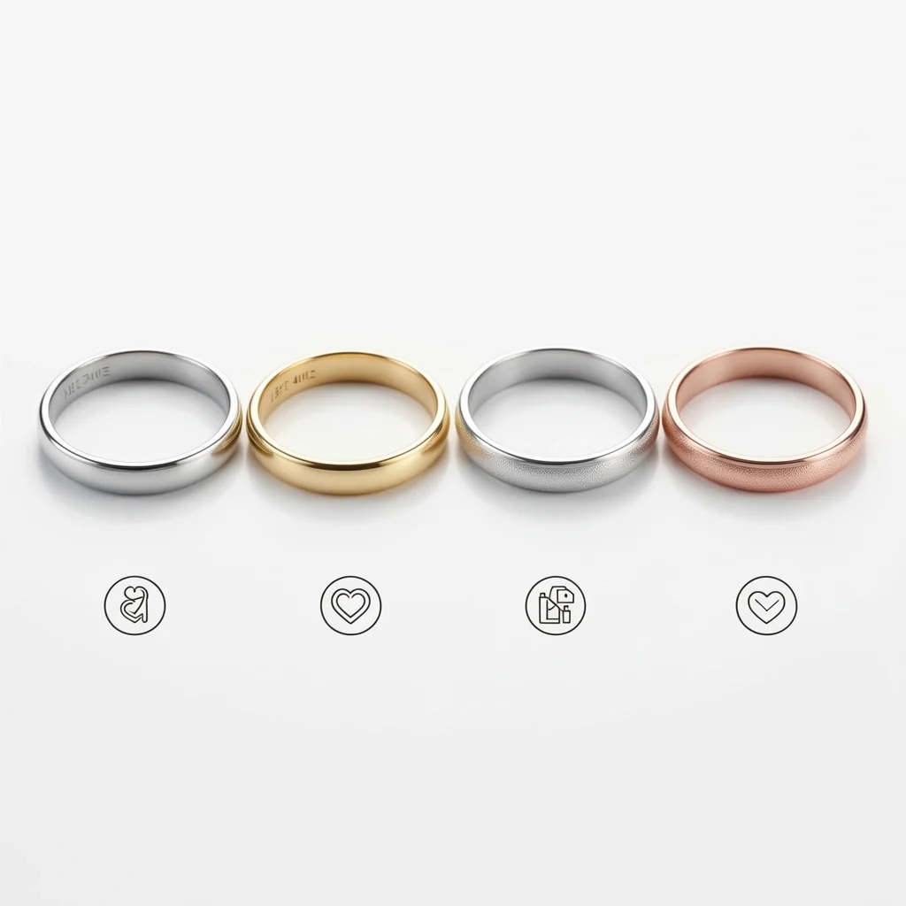 Ring Metal Types Four wedding ring bands of platinum, gold, white gold, and rose gold displayed together.