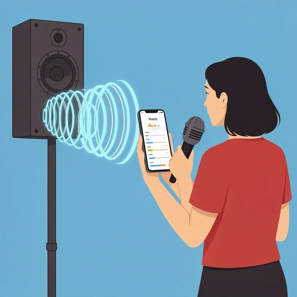 Wedding Sound Tech Check Person testing sound system with speaker and microphone, visualizing feedback loops and volume levels