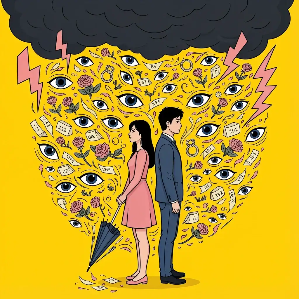 Wedding Planning Stress Storm Illustrated Illustration of a couple facing a storm of wedding planning stress with icons and floating eyes