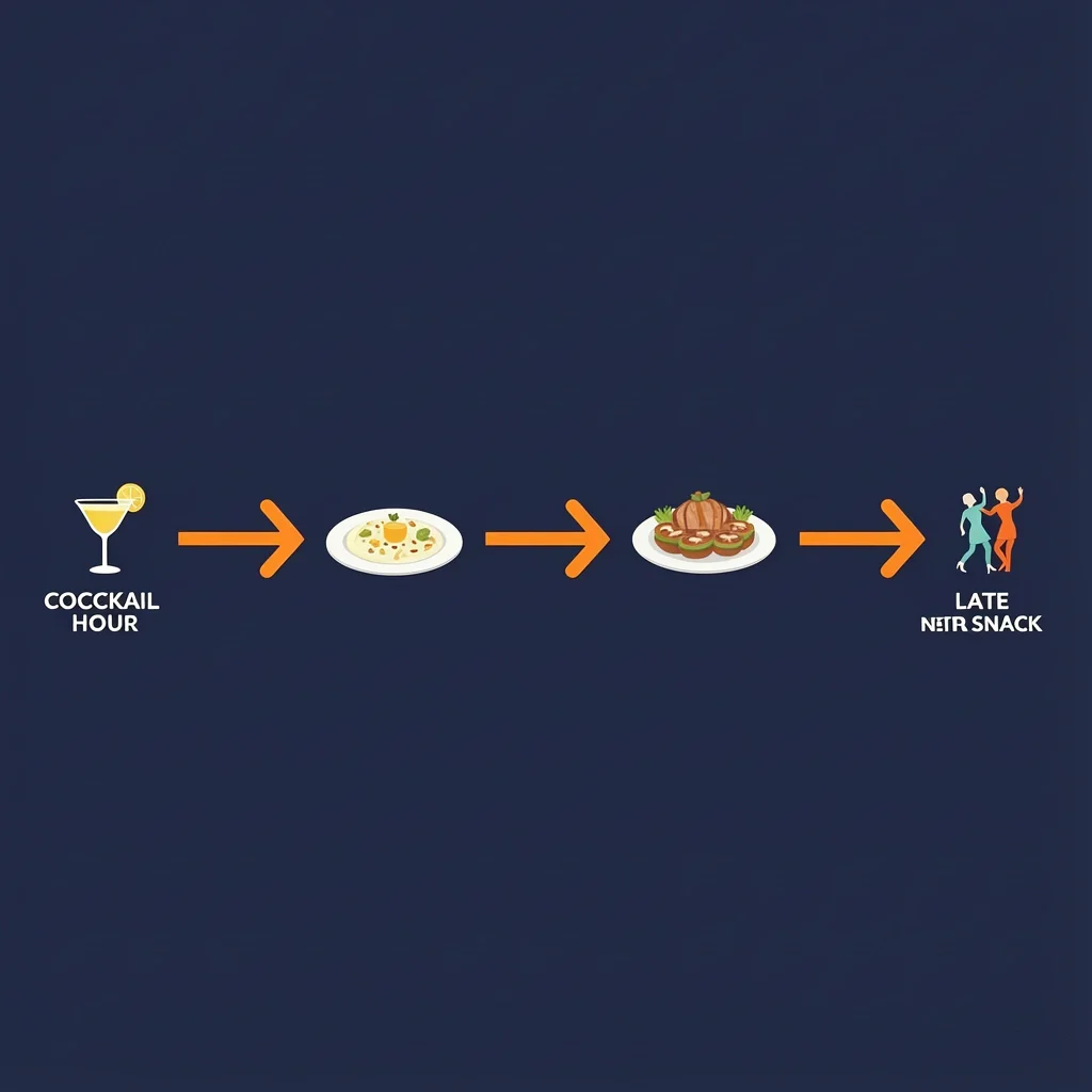 Wedding Reception Menu Timeline Visual timeline showing wedding reception menu flow from cocktail hour appetizer to main dinner to late-night snack