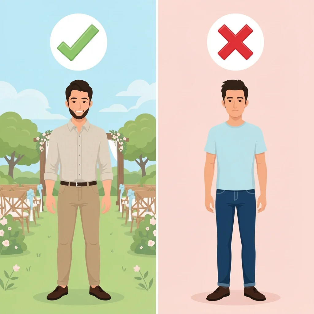 Blazer-Free Dress Code Decision Guide Comparison of appropriate and inappropriate wedding outfits without a blazer