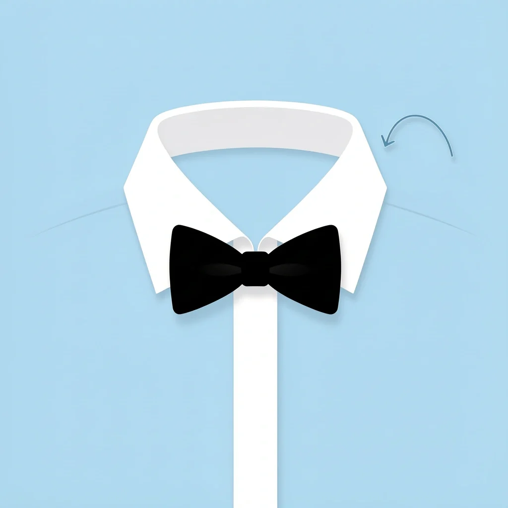 Wing Collar and Bow Tie Pairing Close-up of a white wing-collar shirt with a black bow tie tied perfectly between the upright collar points on a light blue background.