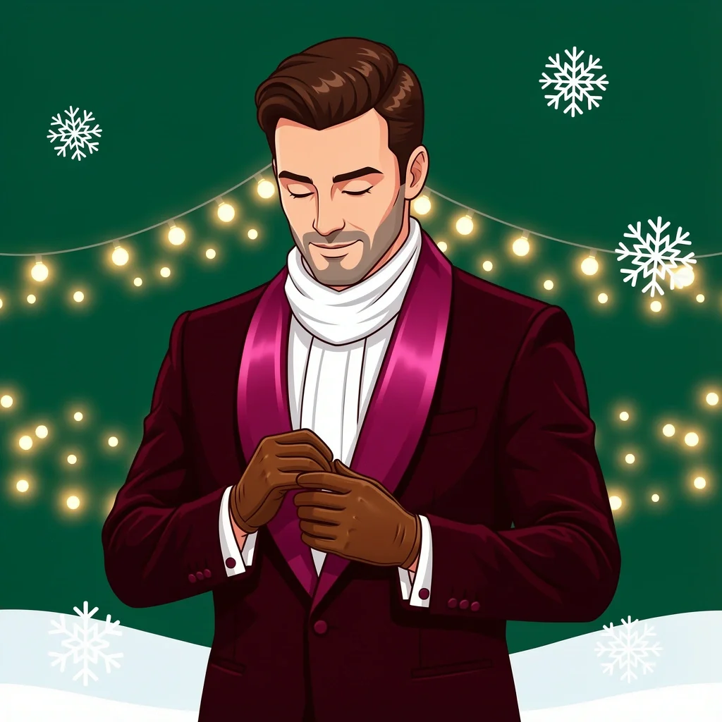 Winter Holiday Wedding Tuxedo Groom in burgundy velvet shawl collar tuxedo with scarf in snowy winter wedding scene