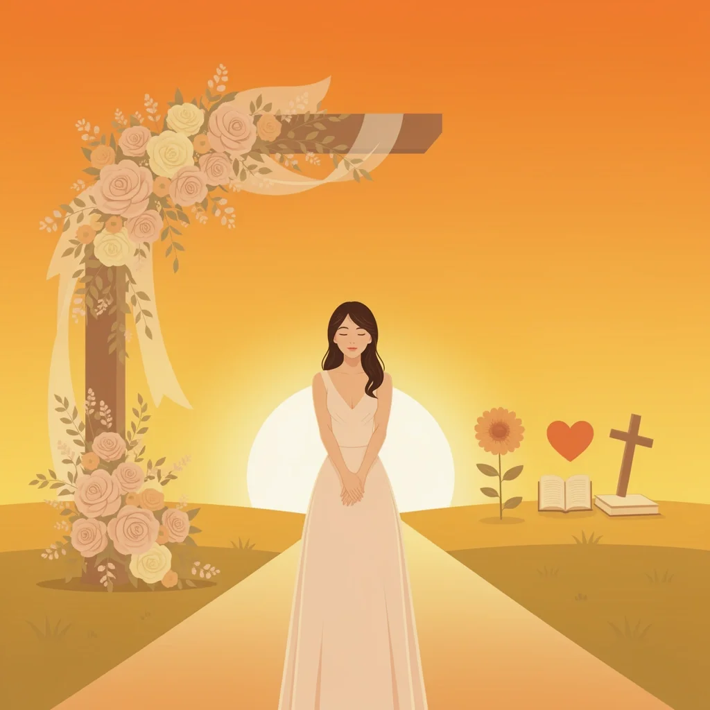 Growth Beyond the Wedding Day A woman standing on a path at sunset, with faded wedding decor behind and glowing symbols of growth ahead, representing personal growth after the wedding.