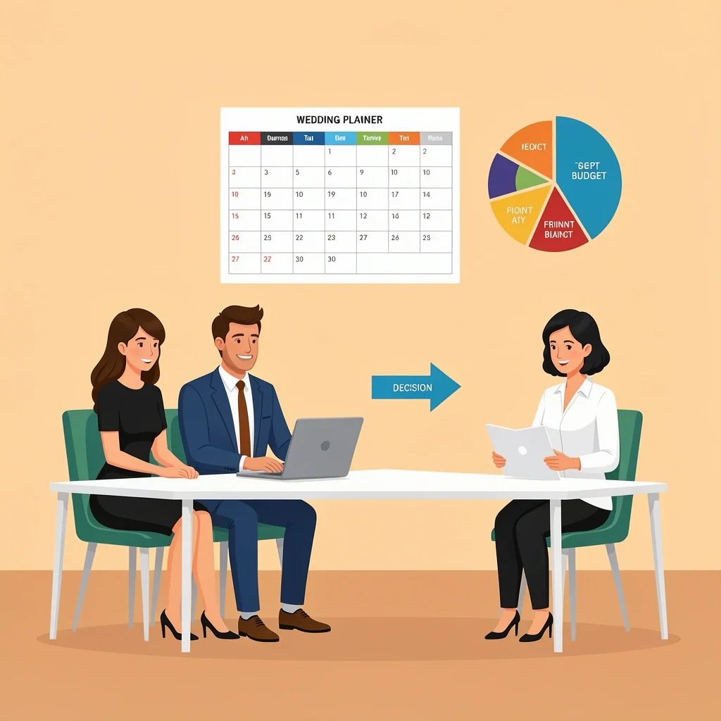 Working with Your Wedding Planner Vector of couple and planner at desk with timeline and budget icons